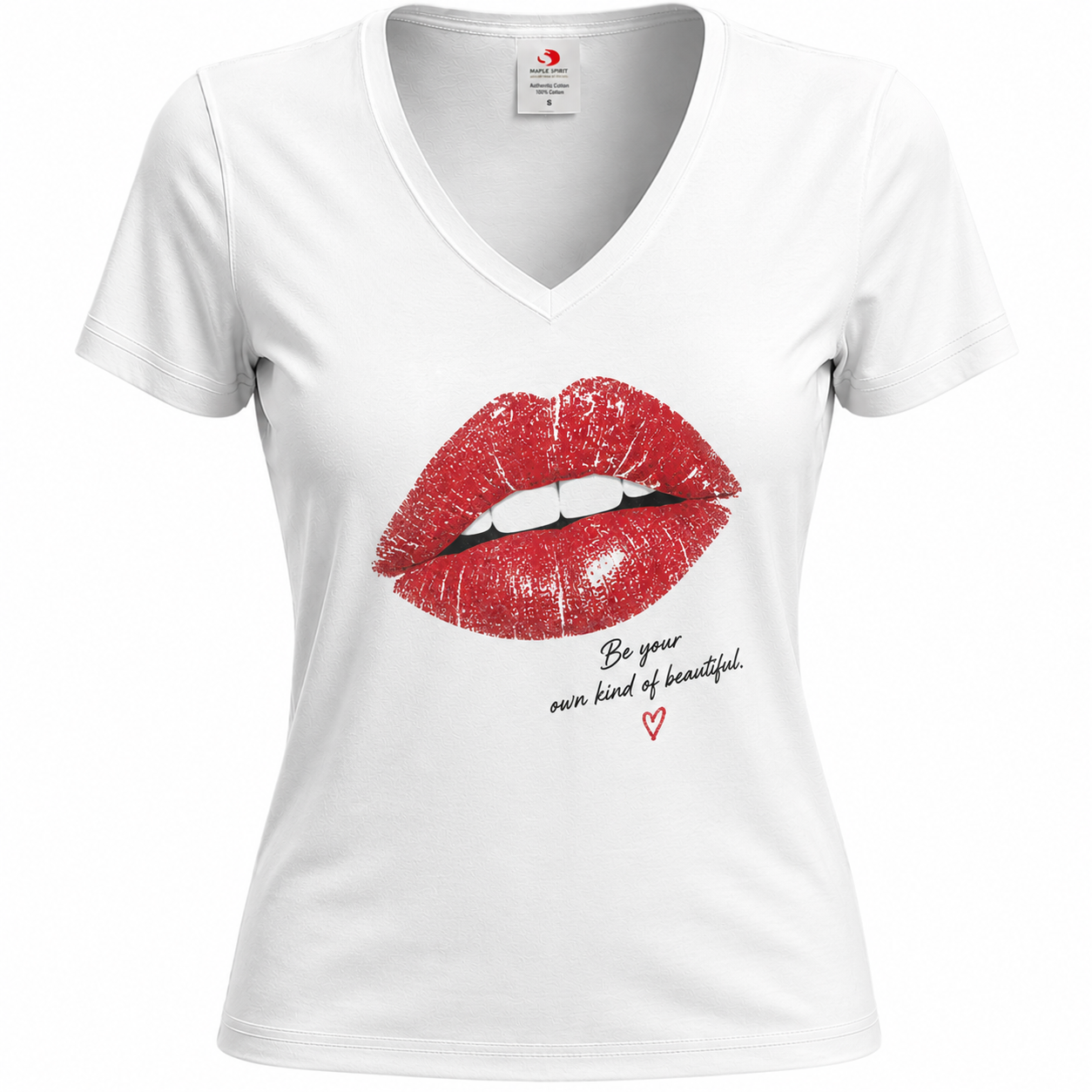 T-shirt femme col V Bouche Rouge Glamour : détail du motif bouche rouge et slogan