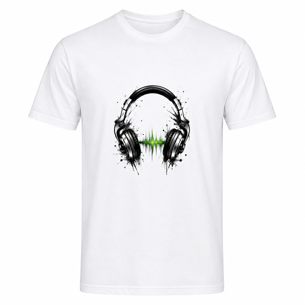 T-shirt homme Casque DJ Onde Sonore : détail du casque DJ et de l'onde sonore