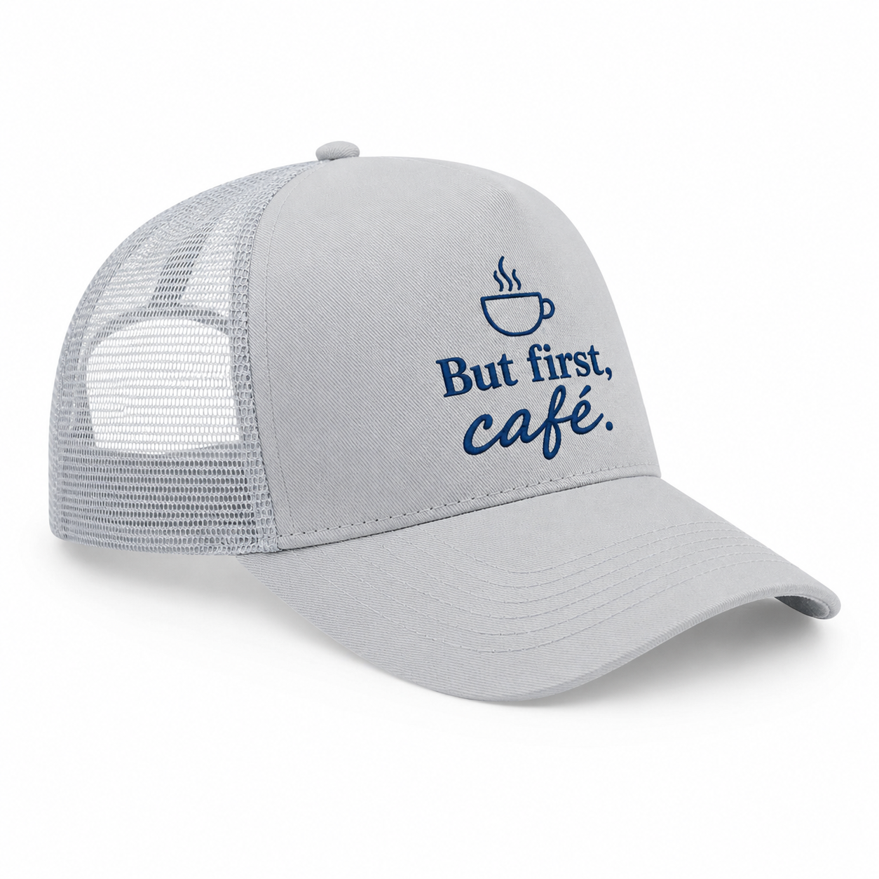 Casquette trucker gris clair But First Café : vue de face du motif café