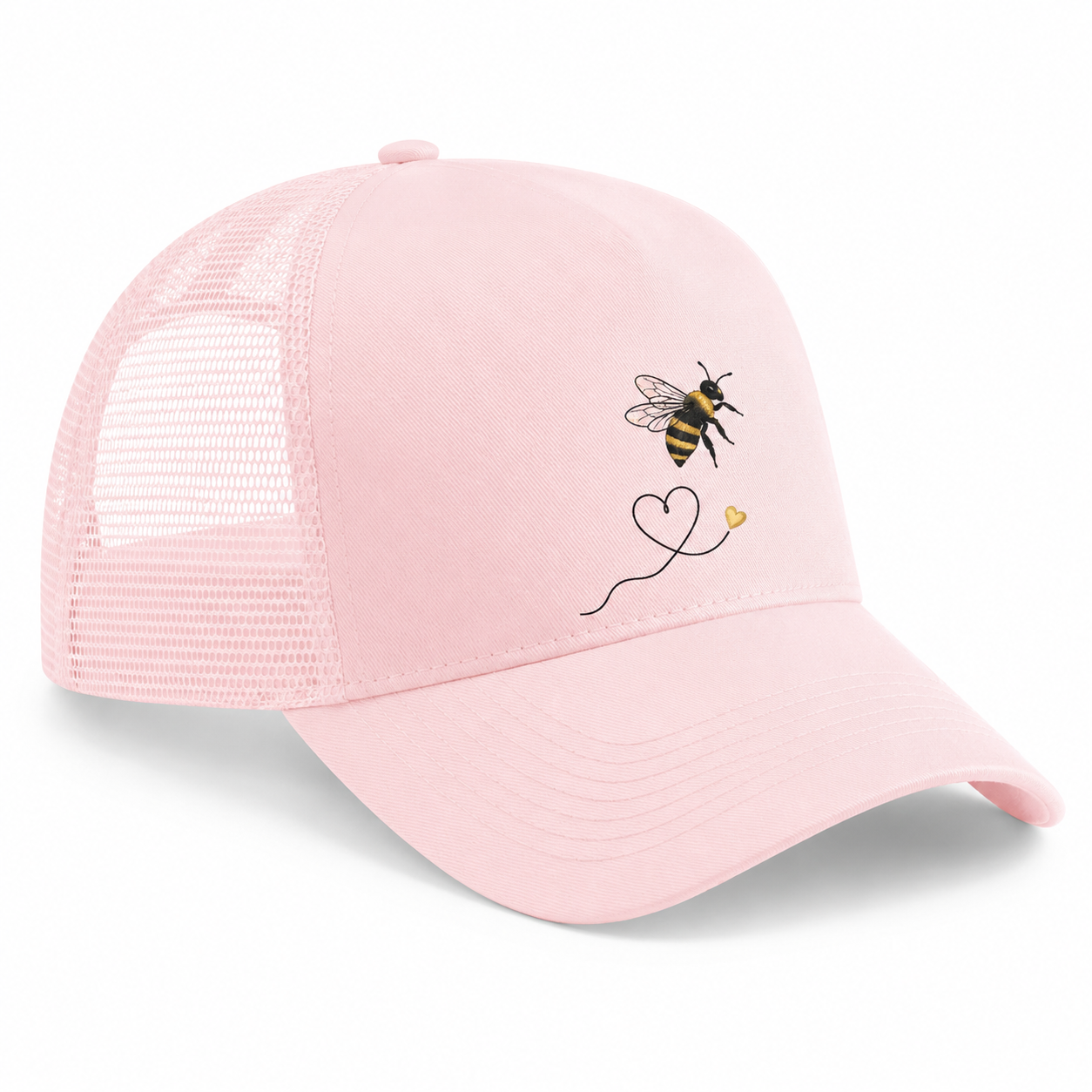 Casquette trucker femme rose pastel Abeille : vue de face du motif abeille