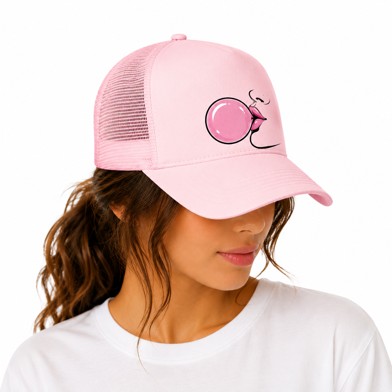 Casquette trucker femme rose pastel Bubble Gum : bulle de chewing-gum rose