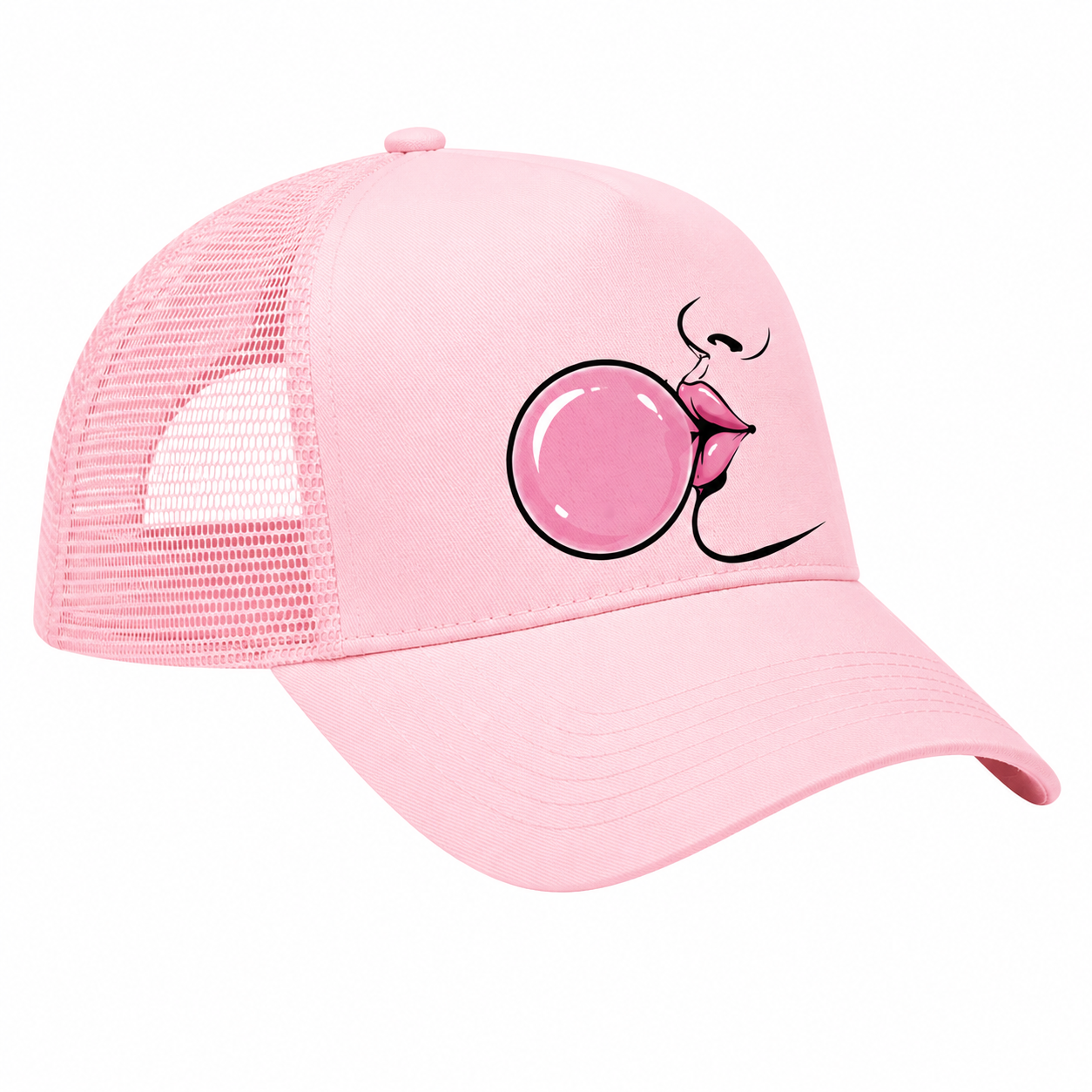 Casquette trucker femme rose pastel Bubble Gum : vue de face du motif bubble gum