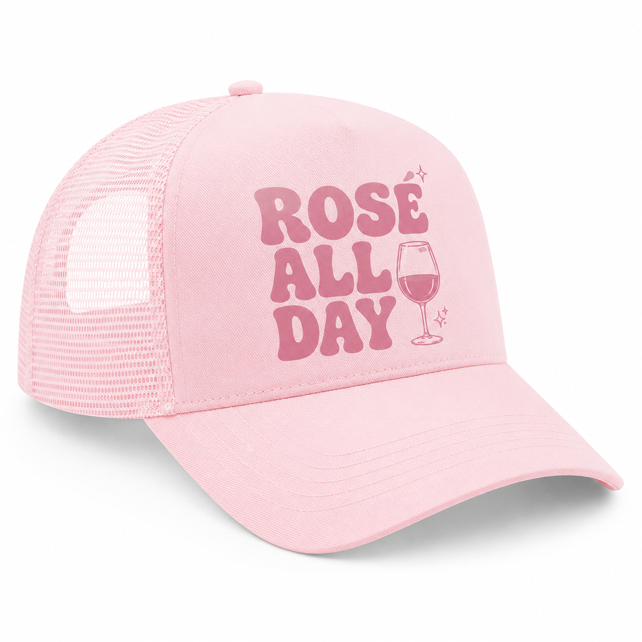 Casquette trucker femme rose pastel Rosé All Day : vue de face du motif Rosé All Day