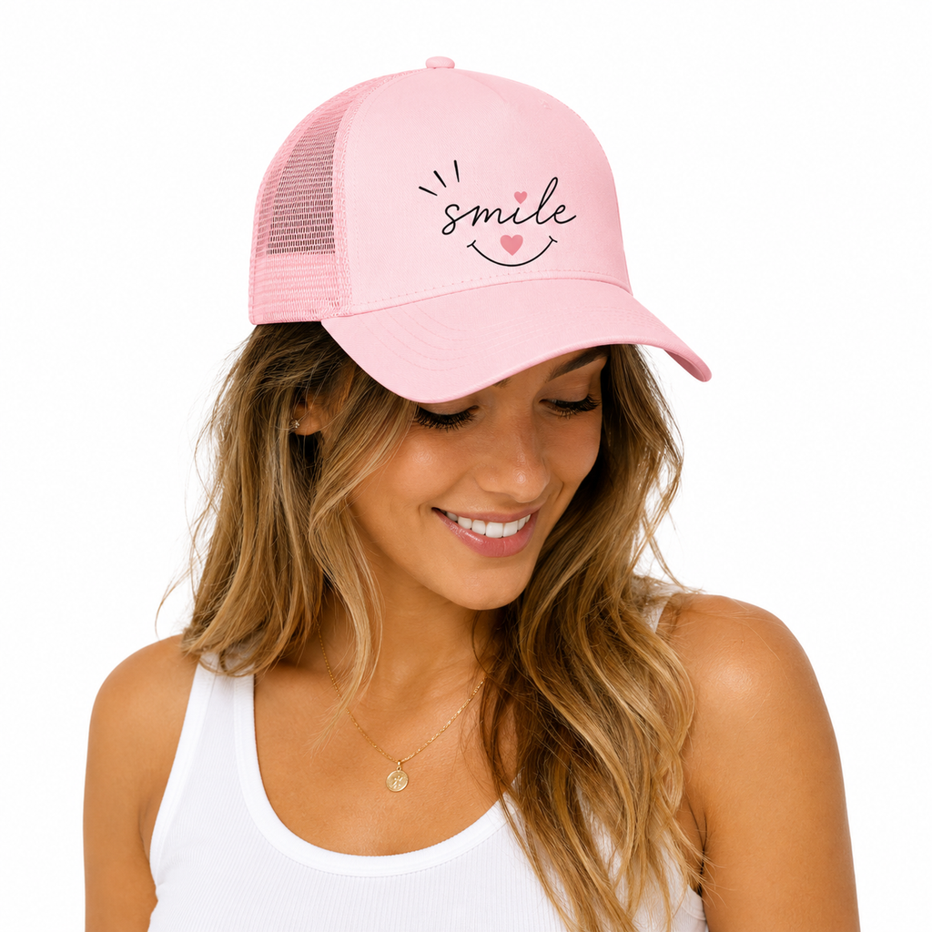 Casquette trucker femme rose pastel Smile : motif smiley marguerite