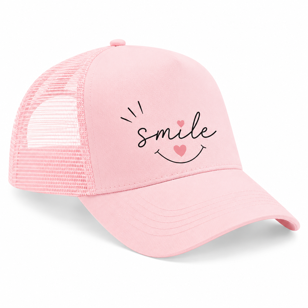 Casquette trucker femme rose pastel Smile : vue de face du motif smile