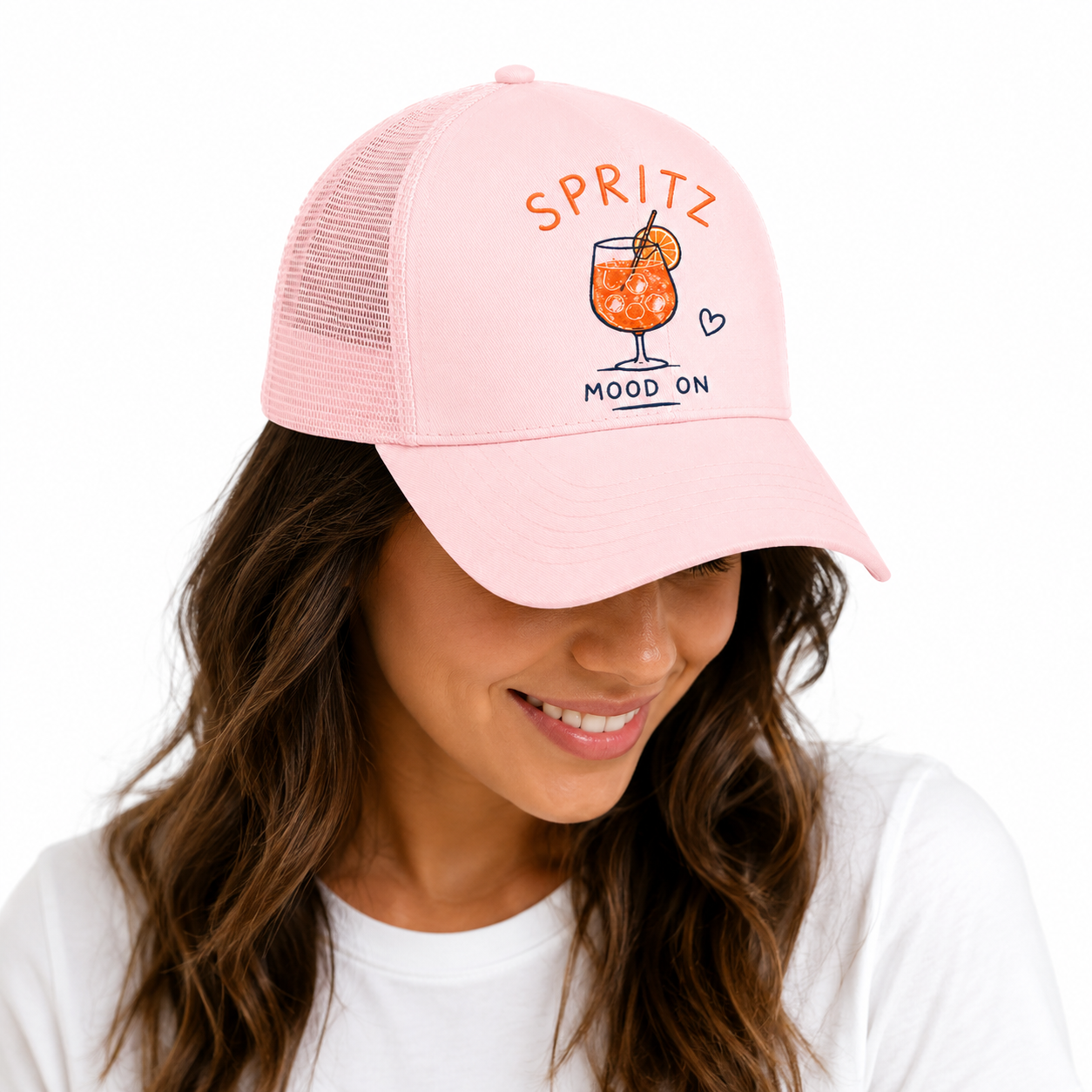 Casquette trucker femme rose pastel Spritz : motif verre de spritz orange