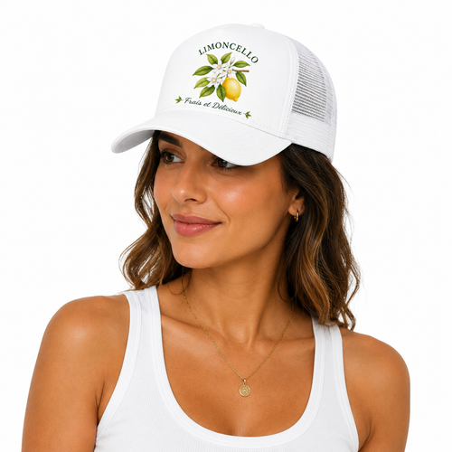 Casquette trucker Limoncello : citron brodé et fleurs sur panneau avant