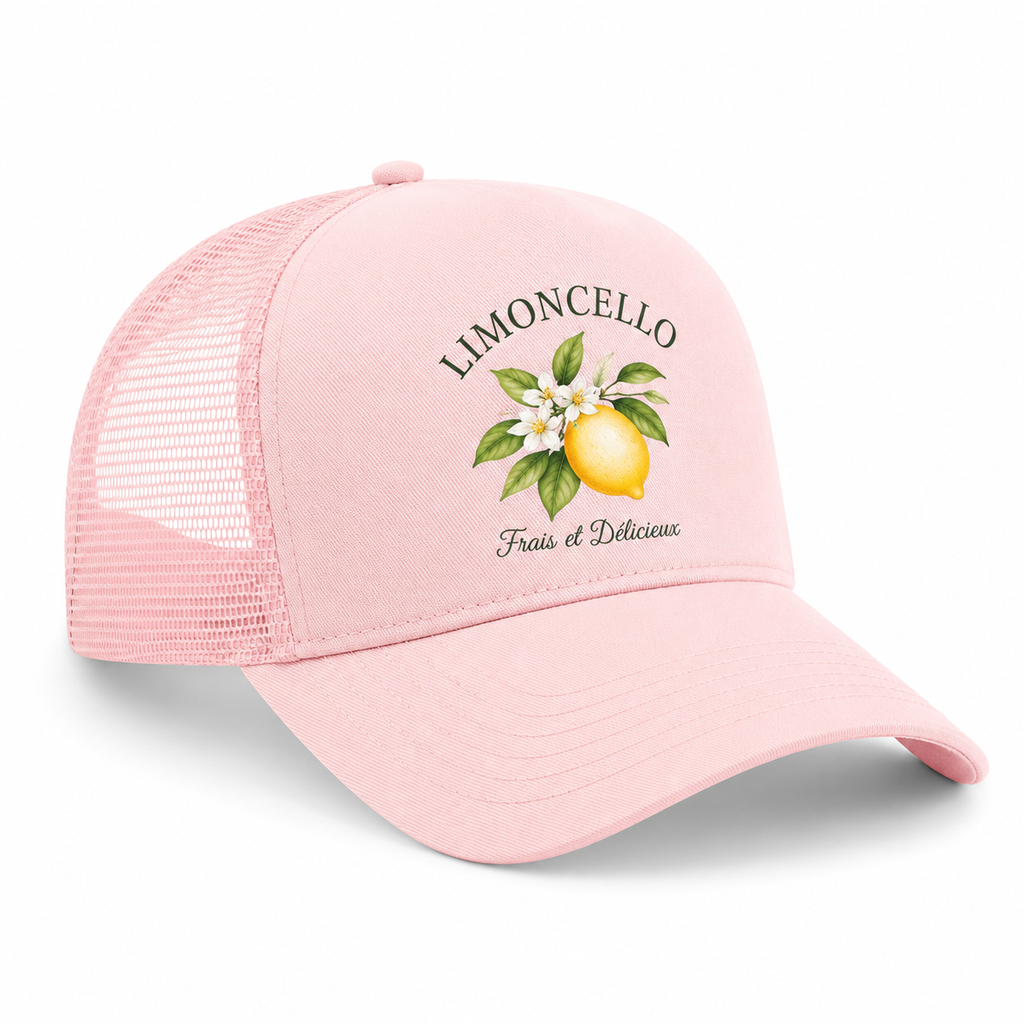 Casquette trucker Limoncello : détail du motif citron et fleurs