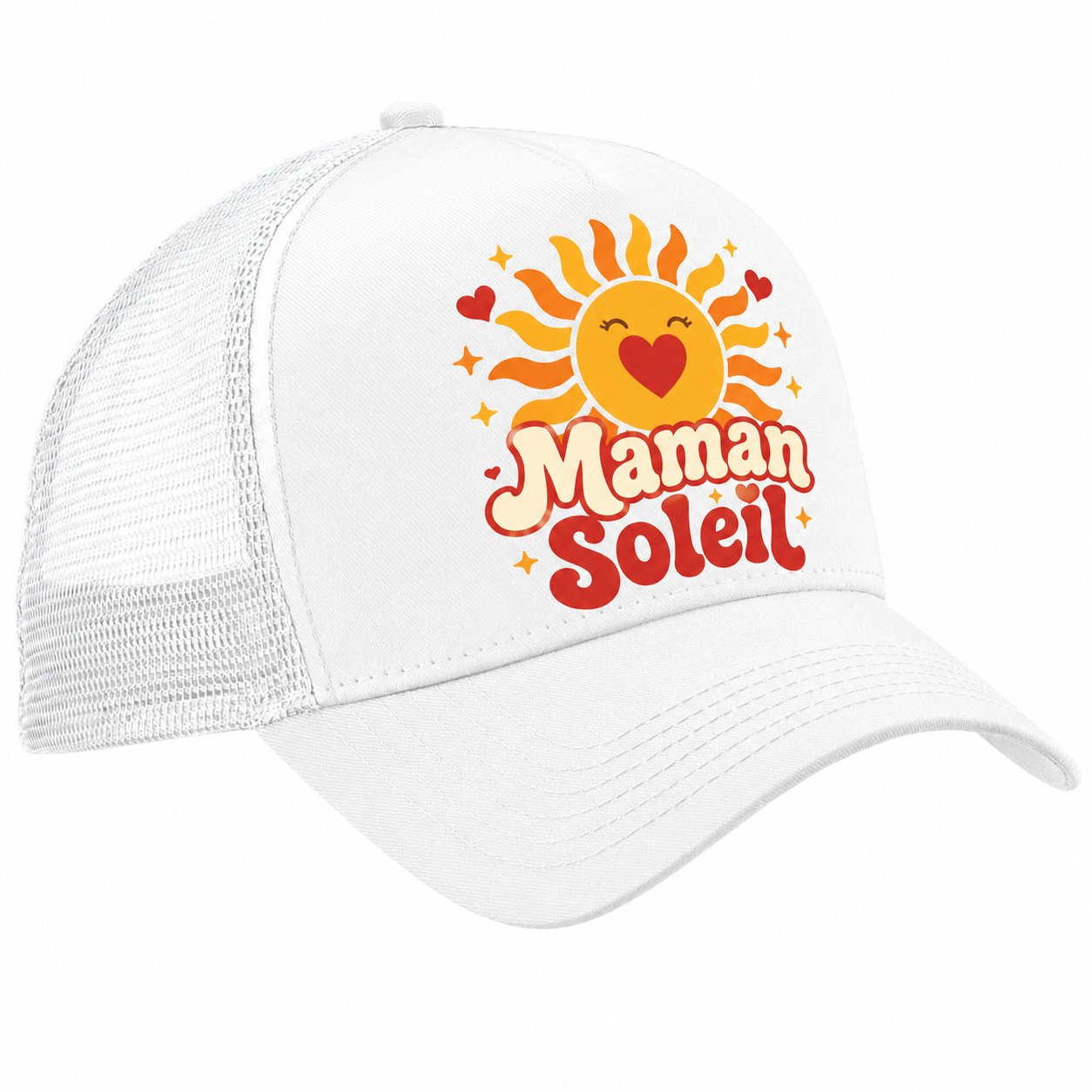Casquette trucker blanche Maman Soleil : vue de face du motif soleil