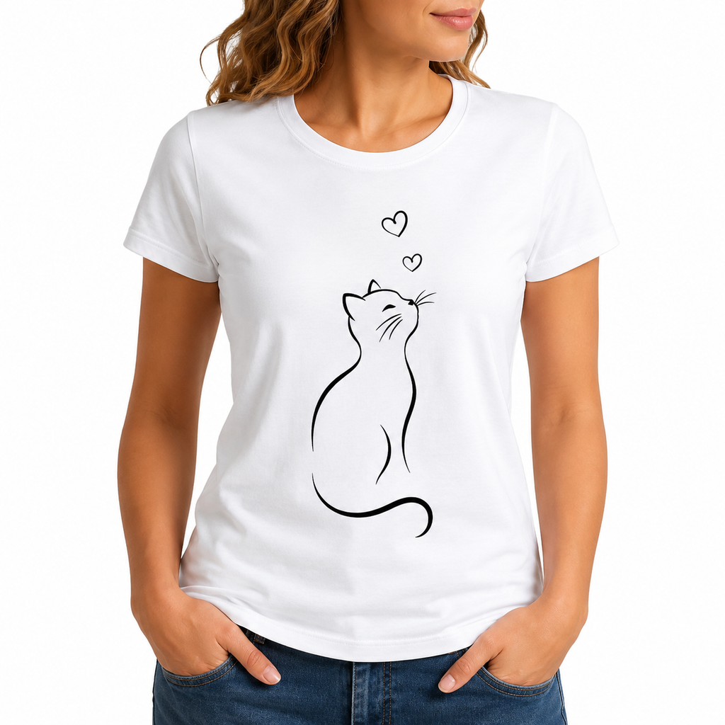 T-shirt femme Chat Cœurs : silhouette de chat minimaliste avec cœurs, col rond