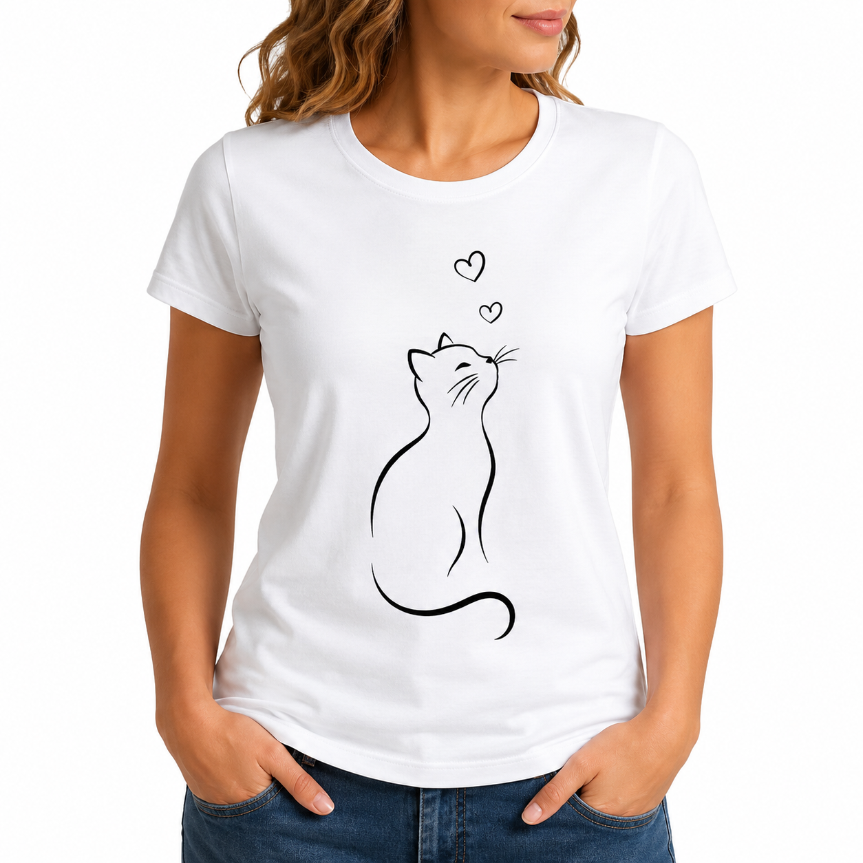 T-shirt femme Chat Cœurs : silhouette de chat minimaliste avec cœurs, col rond
