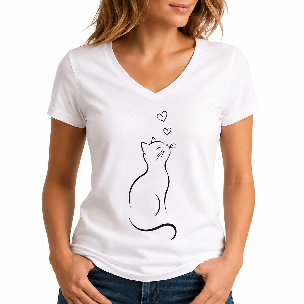 T-shirt femme Chat Cœurs : silhouette de chat et petits cœurs, col V