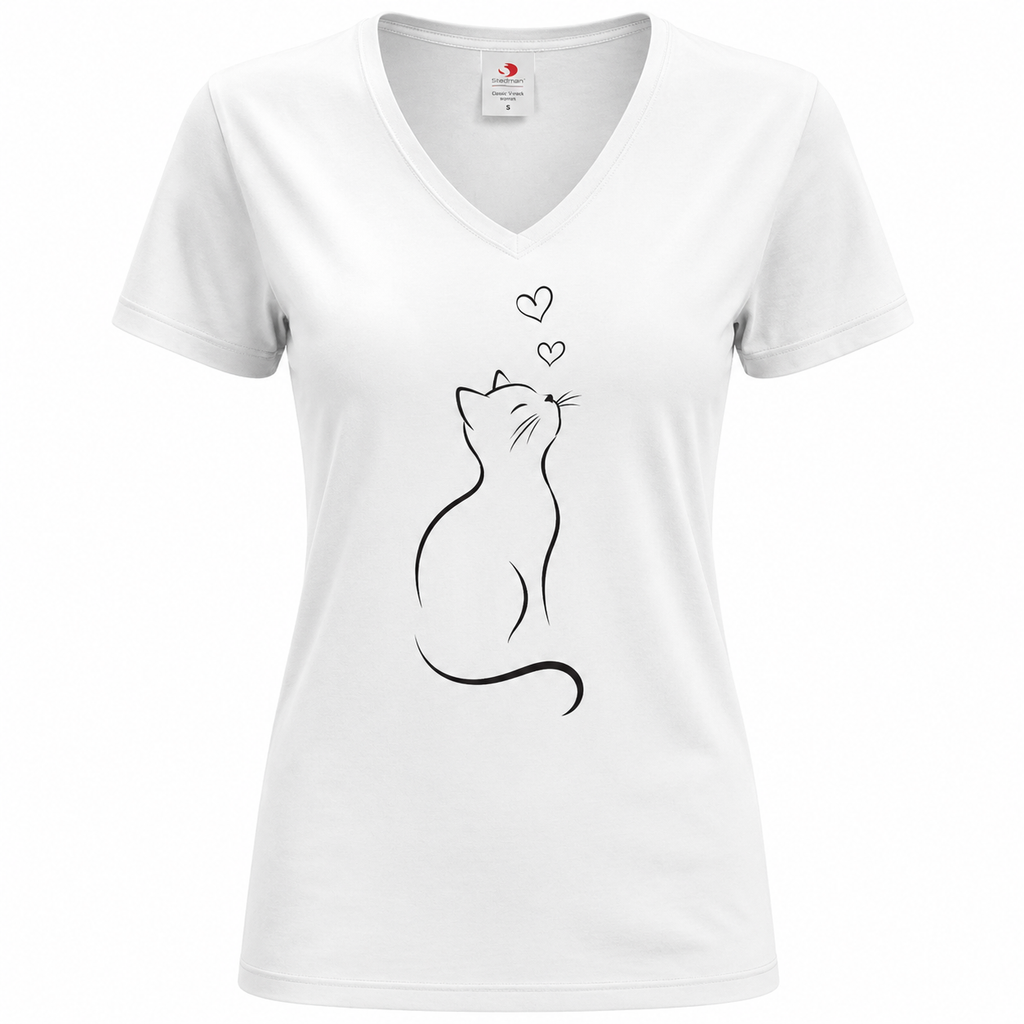 T-shirt femme Chat Cœurs : détail du chat minimaliste aux cœurs, col V