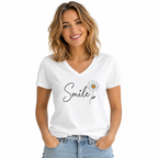 T-shirt femme Smile Marguerite : marguerite souriante minimaliste, col V