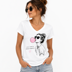 T-shirt femme Bubble Gum : bulle de chewing-gum rose, col V