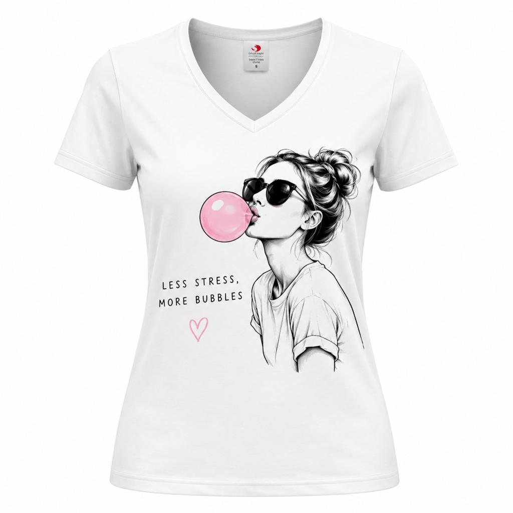T-shirt femme Bubble Gum : détail du visuel bubble gum rose, col V
