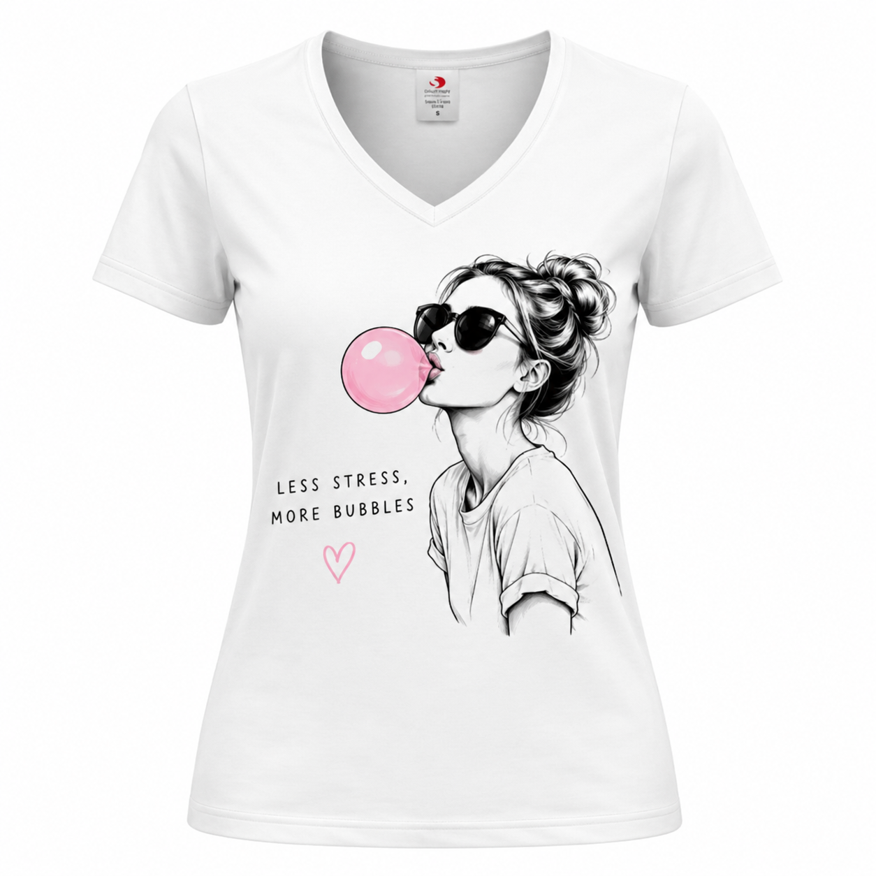 T-shirt femme Bubble Gum : détail du visuel bubble gum rose, col V