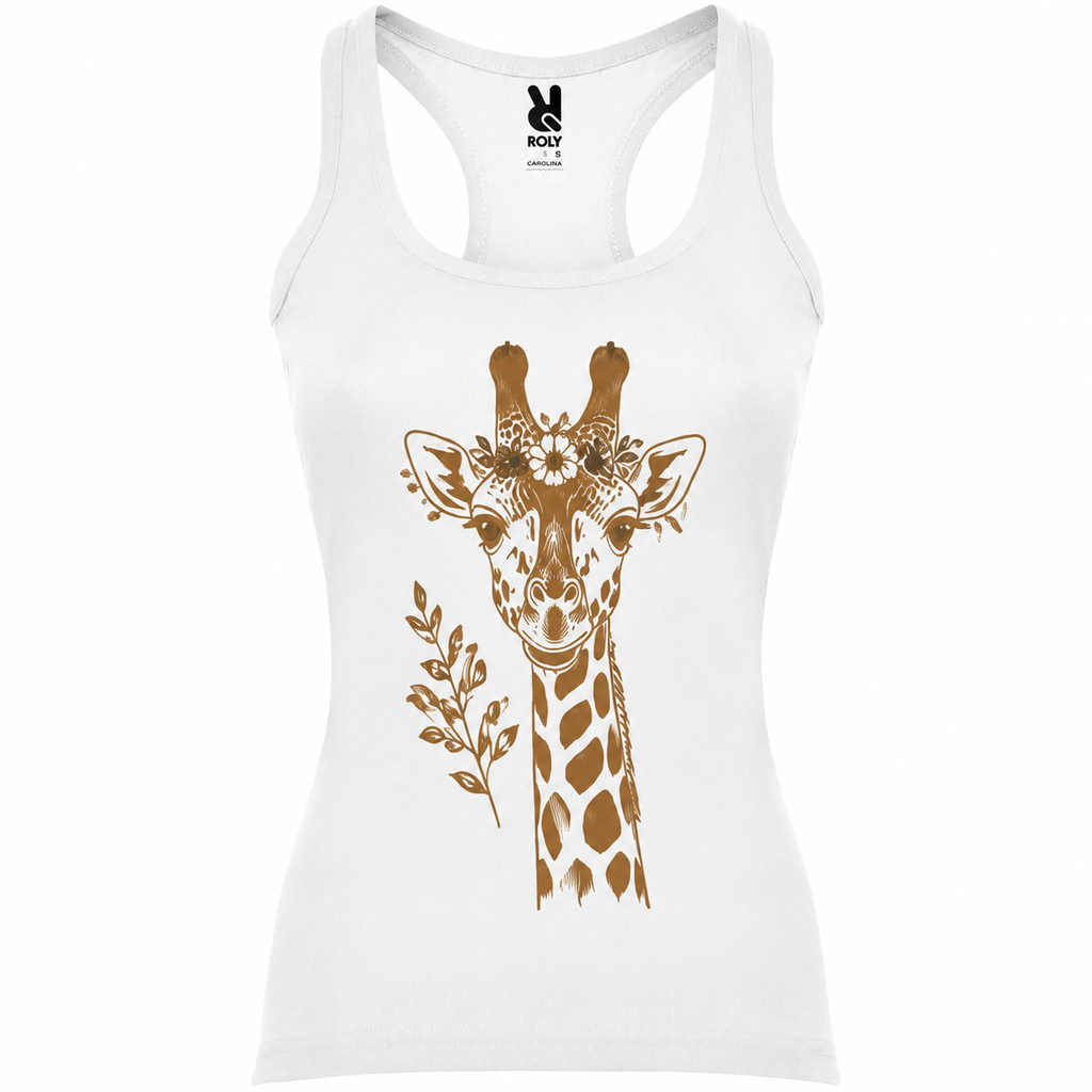 Débardeur femme Girafe Bohème : détail de la girafe fleurie