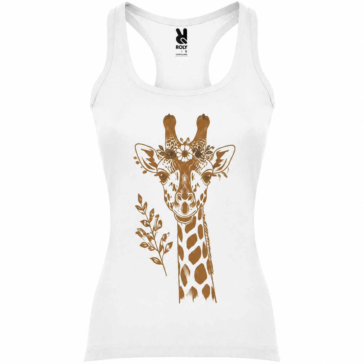 Débardeur femme Girafe Bohème : détail de la girafe fleurie