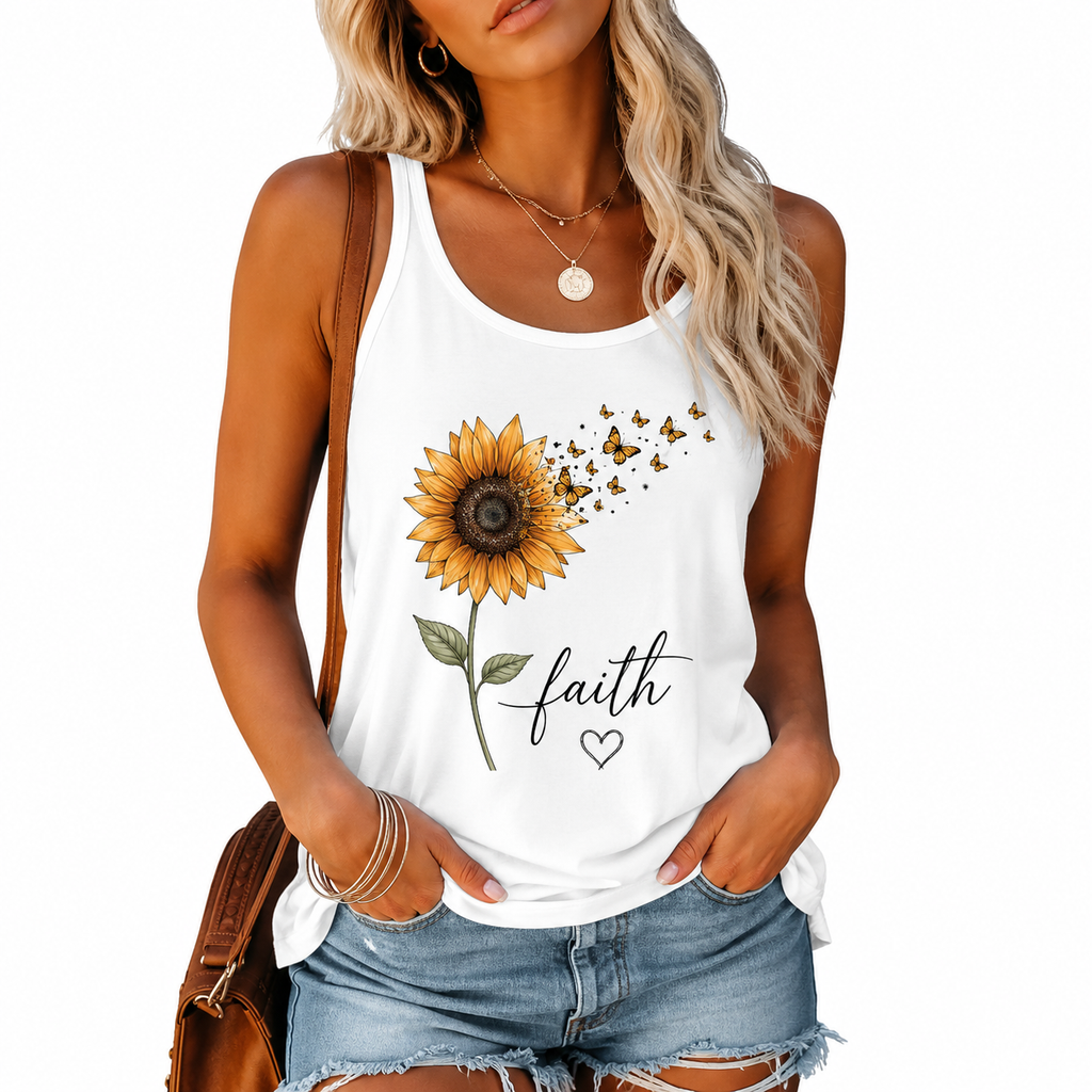 Débardeur femme Tournesol Faith, dos nageur : tournesol dont les pétales s'envolent en papillons dorés, mot faith en cursive