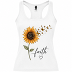 Débardeur femme Tournesol Faith : détail du tournesol et des papillons