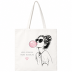 Tote bag Bubble Gum blanc porté : visuel bulle de chewing-gum rose