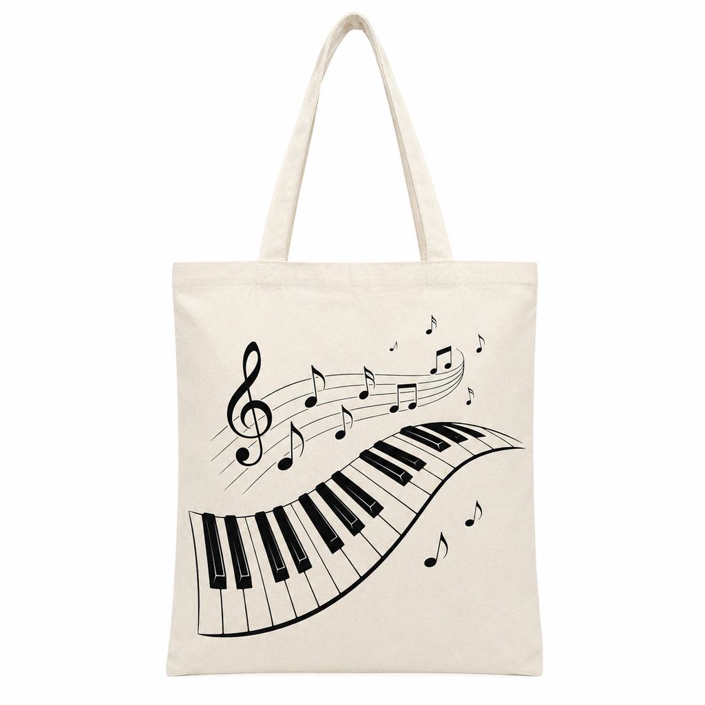 Tote bag Piano naturel porté : détail du clavier et des notes