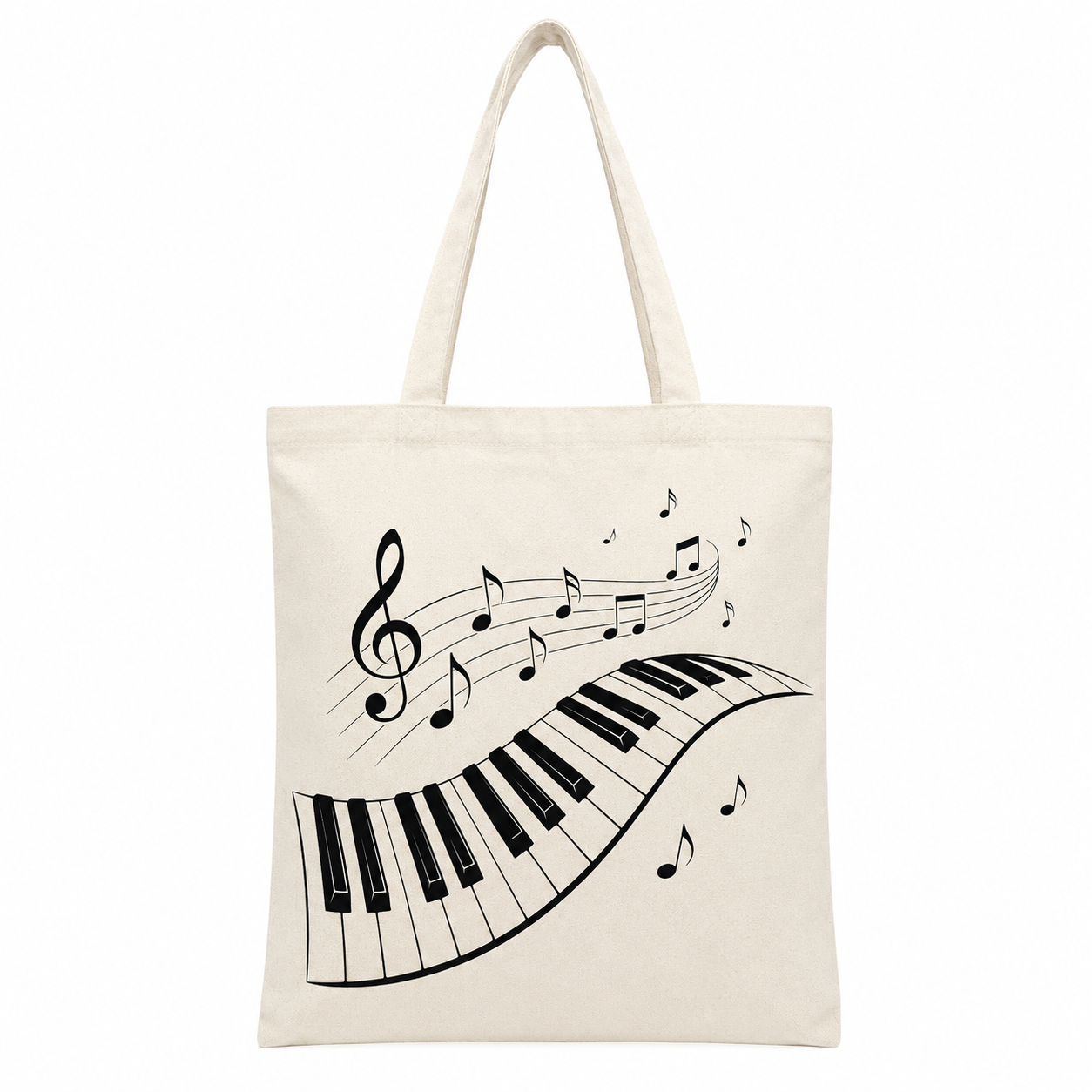 Tote bag Piano naturel porté : détail du clavier et des notes