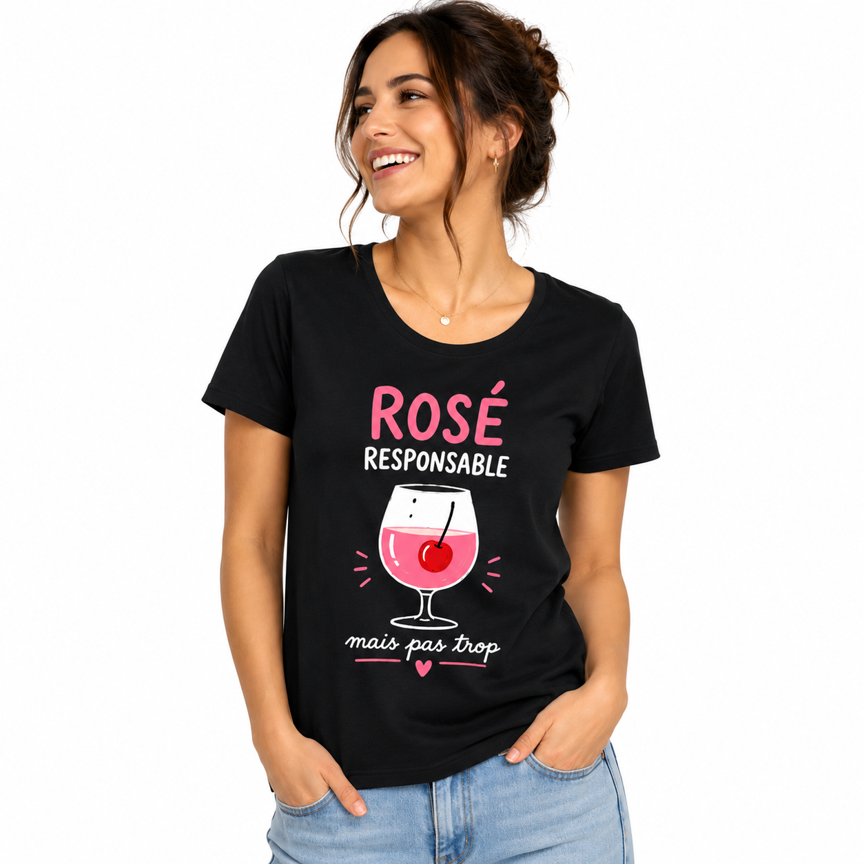 T-shirt noir Rosé Responsable : verre de rosé et slogan Rosé Responsable