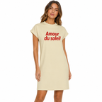 Robe femme Amour du Soleil sable : lettrage rouge Amour du soleil sur fond sable, mini col montant