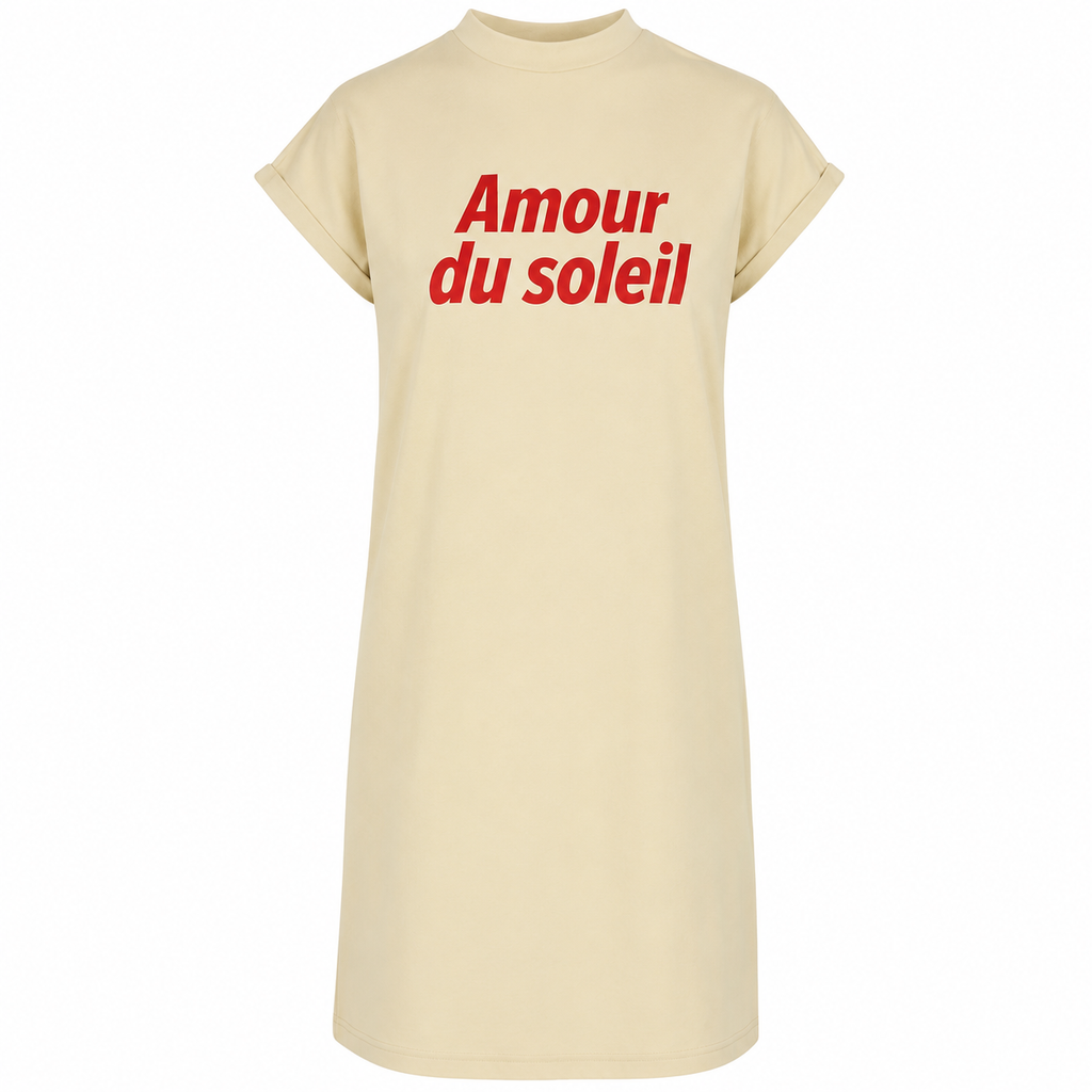Robe femme Amour du Soleil : détail du lettrage rouge solaire