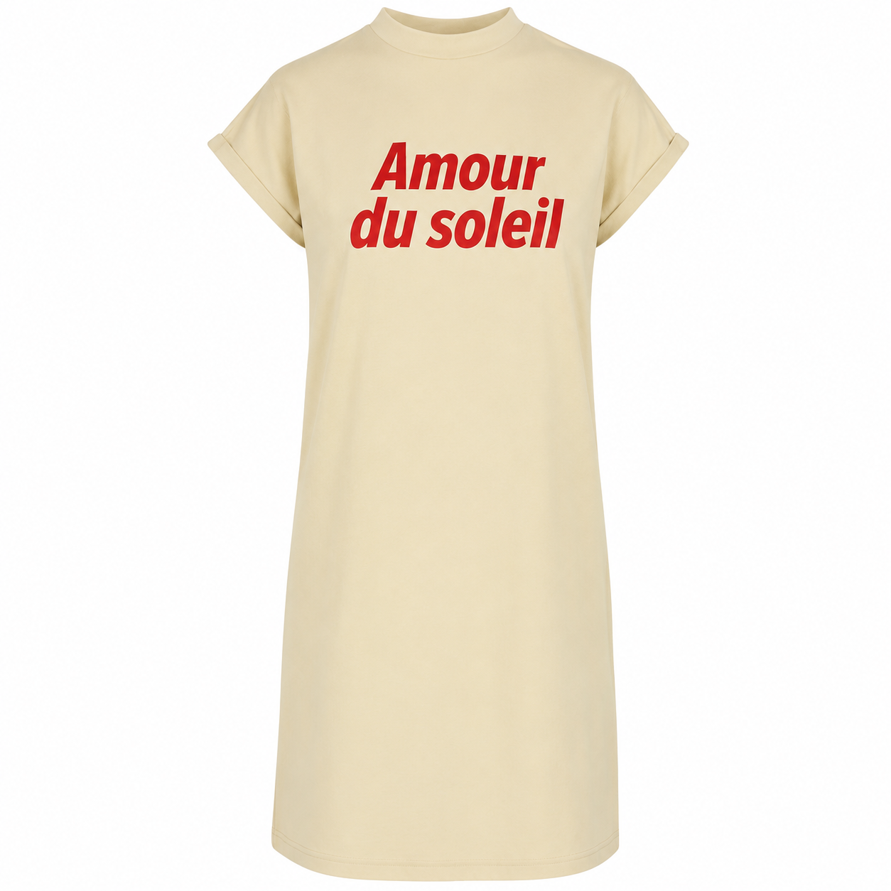 Robe femme Amour du Soleil : détail du lettrage rouge solaire