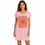 Robe femme Le Soleil rose : grand soleil ondulé orange et rose encadré comme une carte de tarot, lettrage Le Soleil à l'endroit et à l'envers