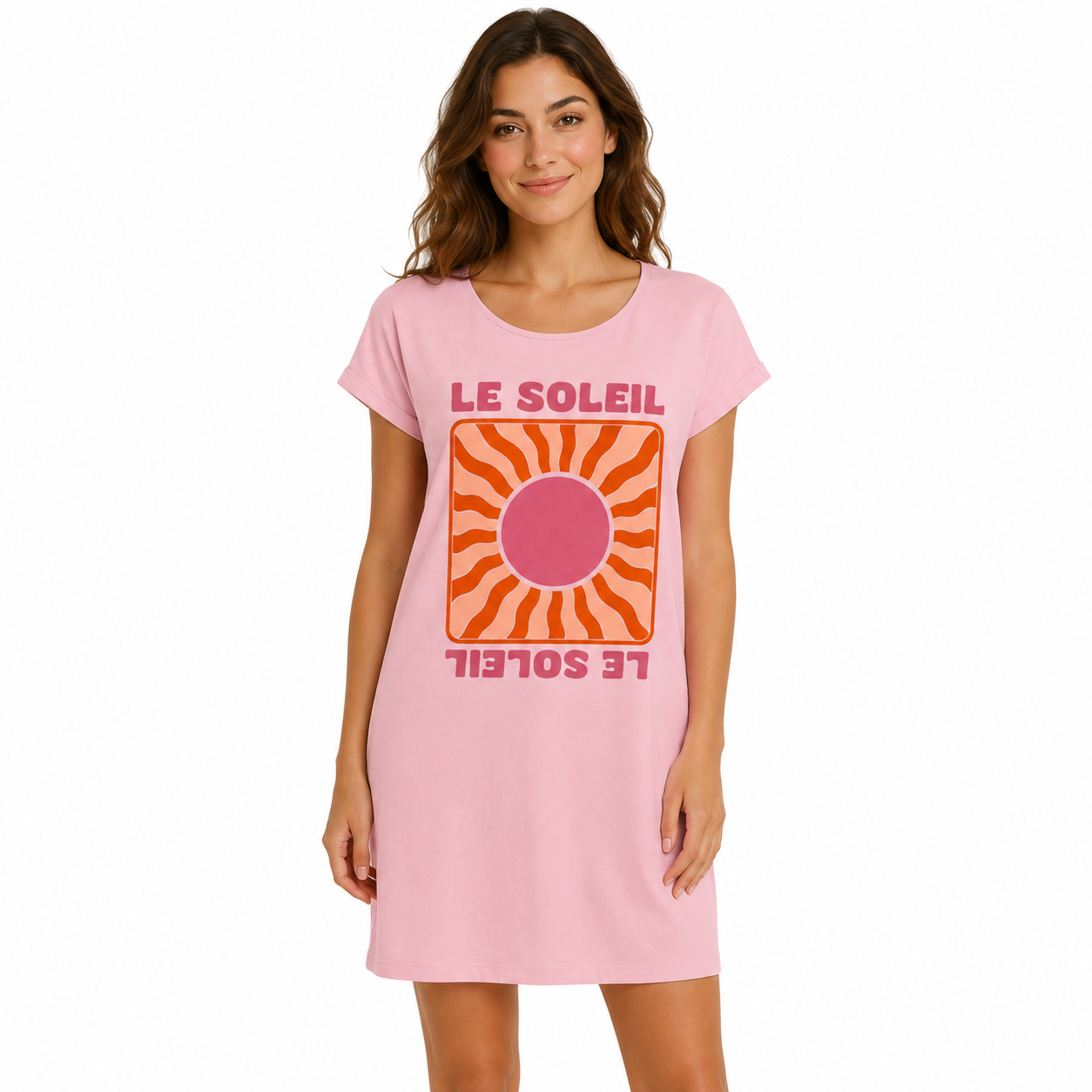 Robe femme Le Soleil rose : grand soleil ondulé orange et rose encadré comme une carte de tarot, lettrage Le Soleil à l'endroit et à l'envers