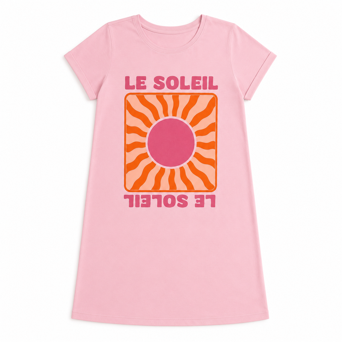 Robe t-shirt Le Soleil posée à plat, coupe droite et col rond côtelé