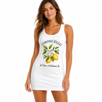Robe débardeur femme Limoncello : branche de citronnier, deux citrons jaunes, fleurs d'oranger blanches et feuillage vert, lettrage Limoncello Frais et Délicieux
