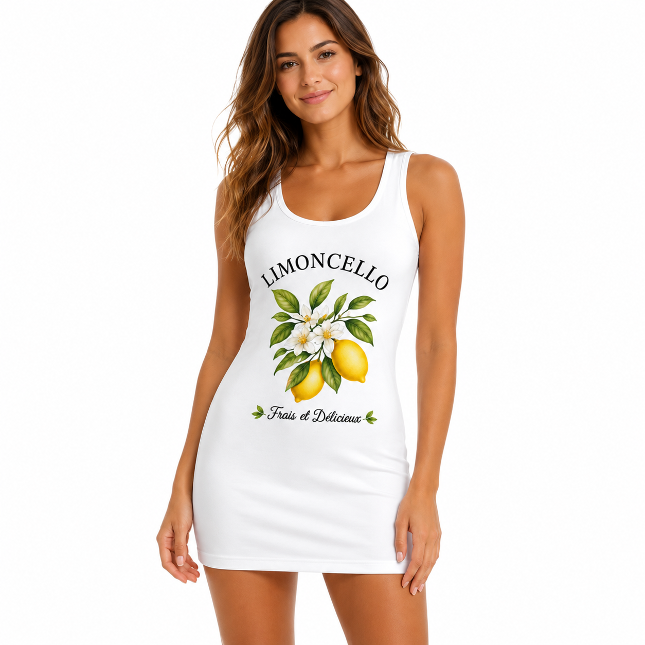 Robe débardeur femme Limoncello : branche de citronnier, deux citrons jaunes, fleurs d'oranger blanches et feuillage vert, lettrage Limoncello Frais et Délicieux