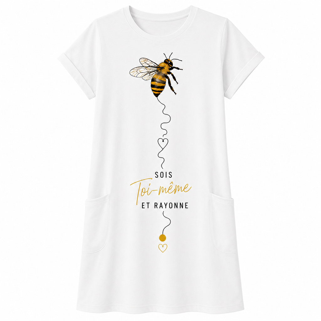 Robe t-shirt femme Abeille : détail du motif abeille dorée