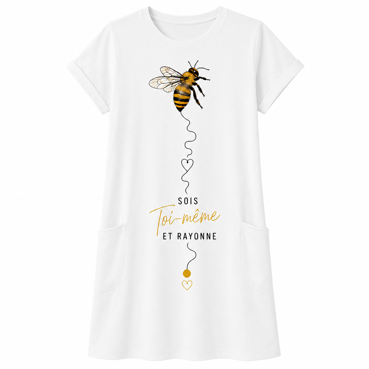 Robe t-shirt femme Abeille : détail du motif abeille dorée