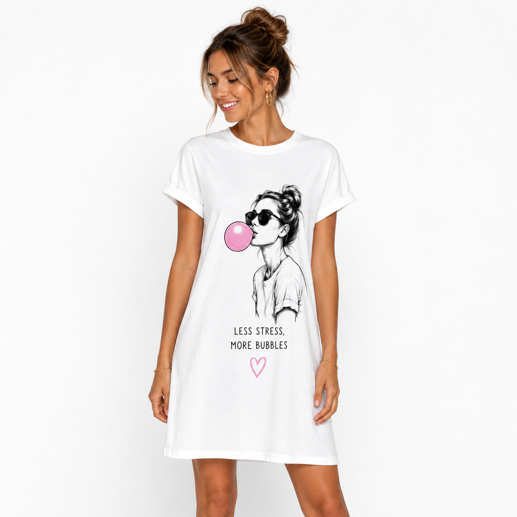 Robe t-shirt femme Bubble Gum : bulle de chewing-gum rose, Less Stress More Bubbles