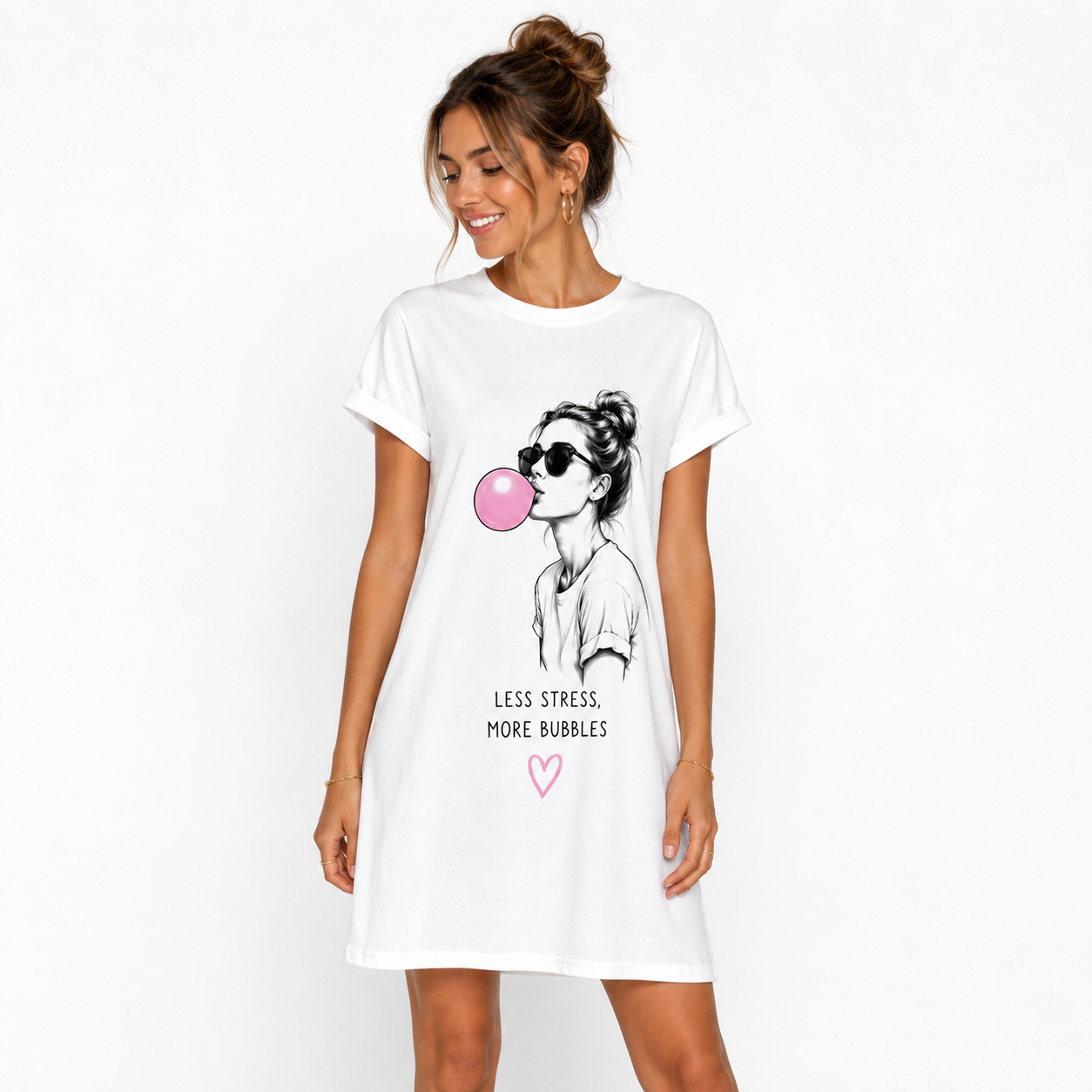 Robe t-shirt femme Bubble Gum : bulle de chewing-gum rose, Less Stress More Bubbles