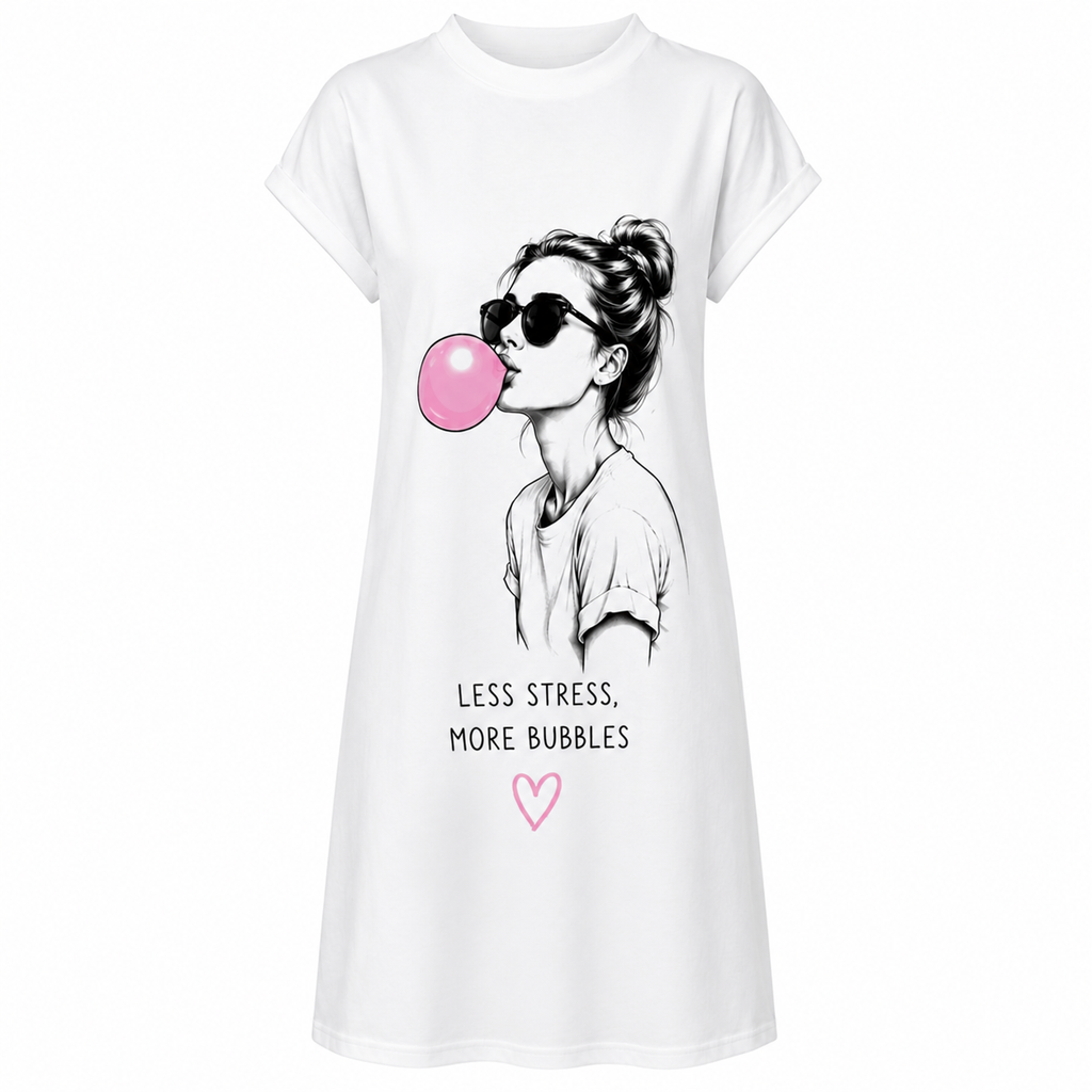 Robe t-shirt femme Bubble Gum : détail de la bulle de chewing-gum rose