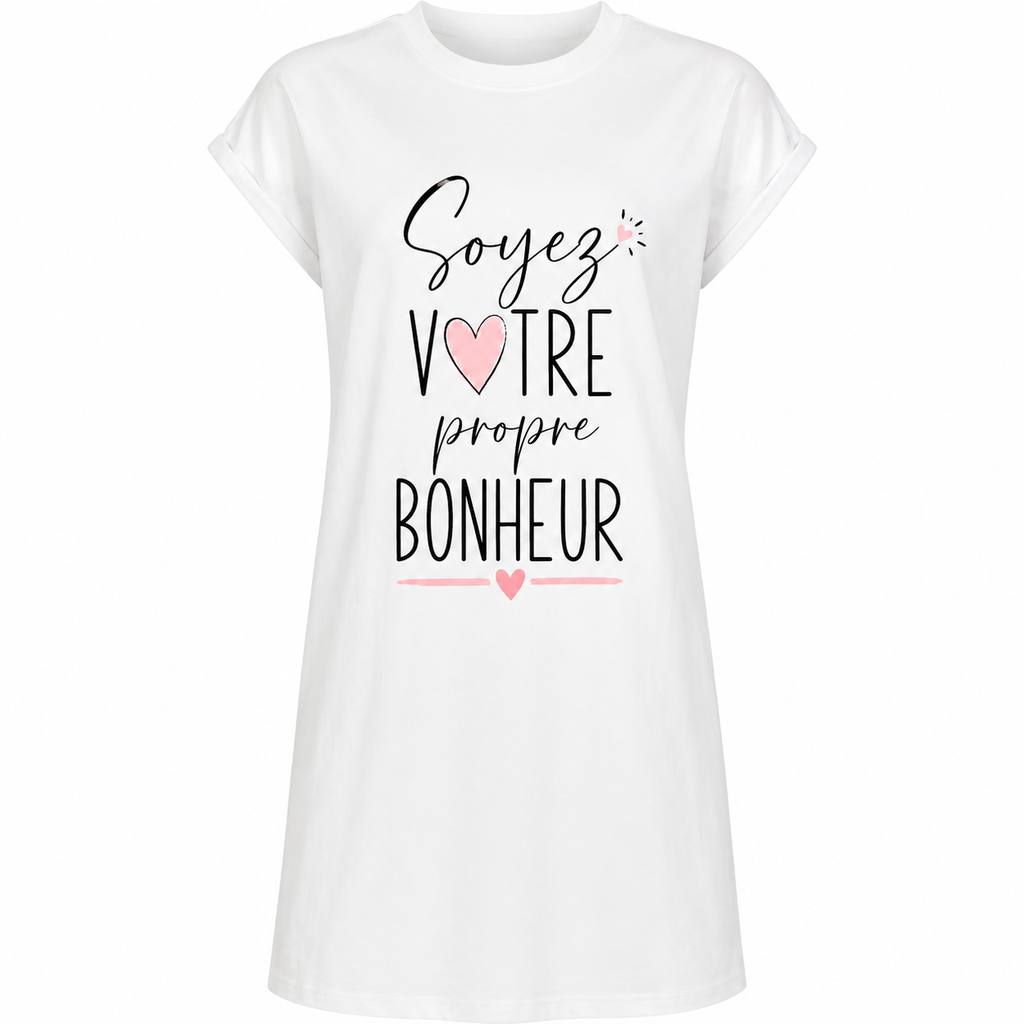 Robe t-shirt femme Propre Bonheur : détail du slogan Soyez votre propre bonheur