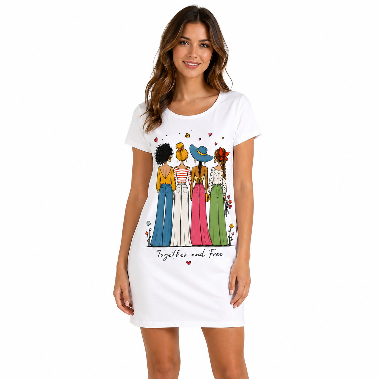 Robe femme Together and Free : quatre copines de dos en style bohème, entourées de fleurs et de petits cœurs, avec le message Together and Free