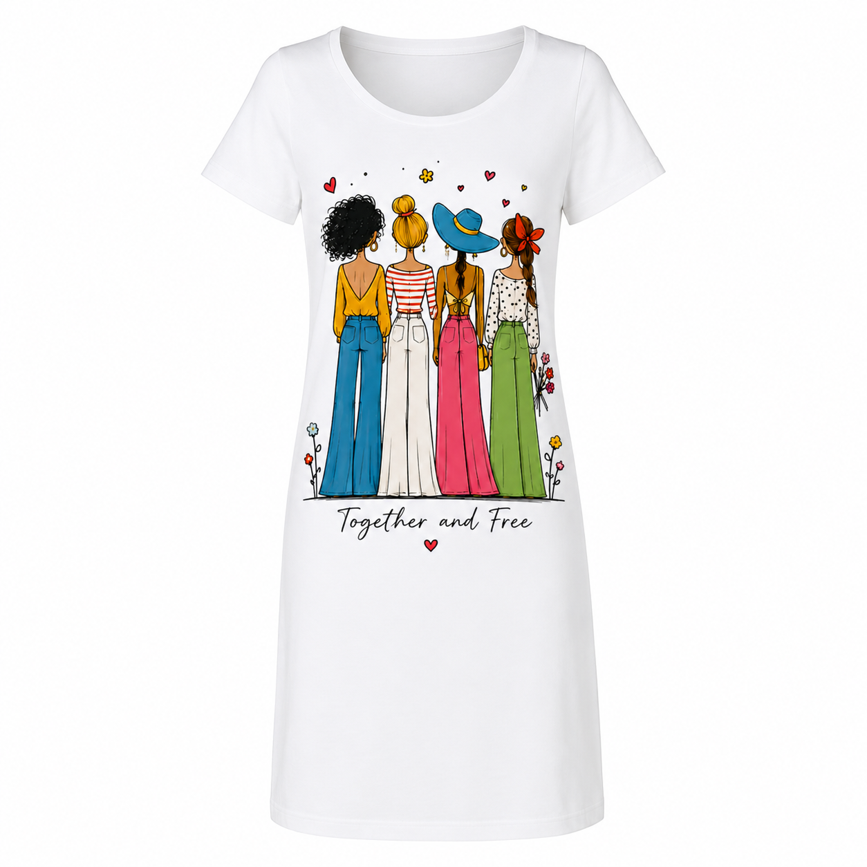 Robe femme Together and Free : détail de l'imprimé quatre amies bohèmes, fleurs et cœurs