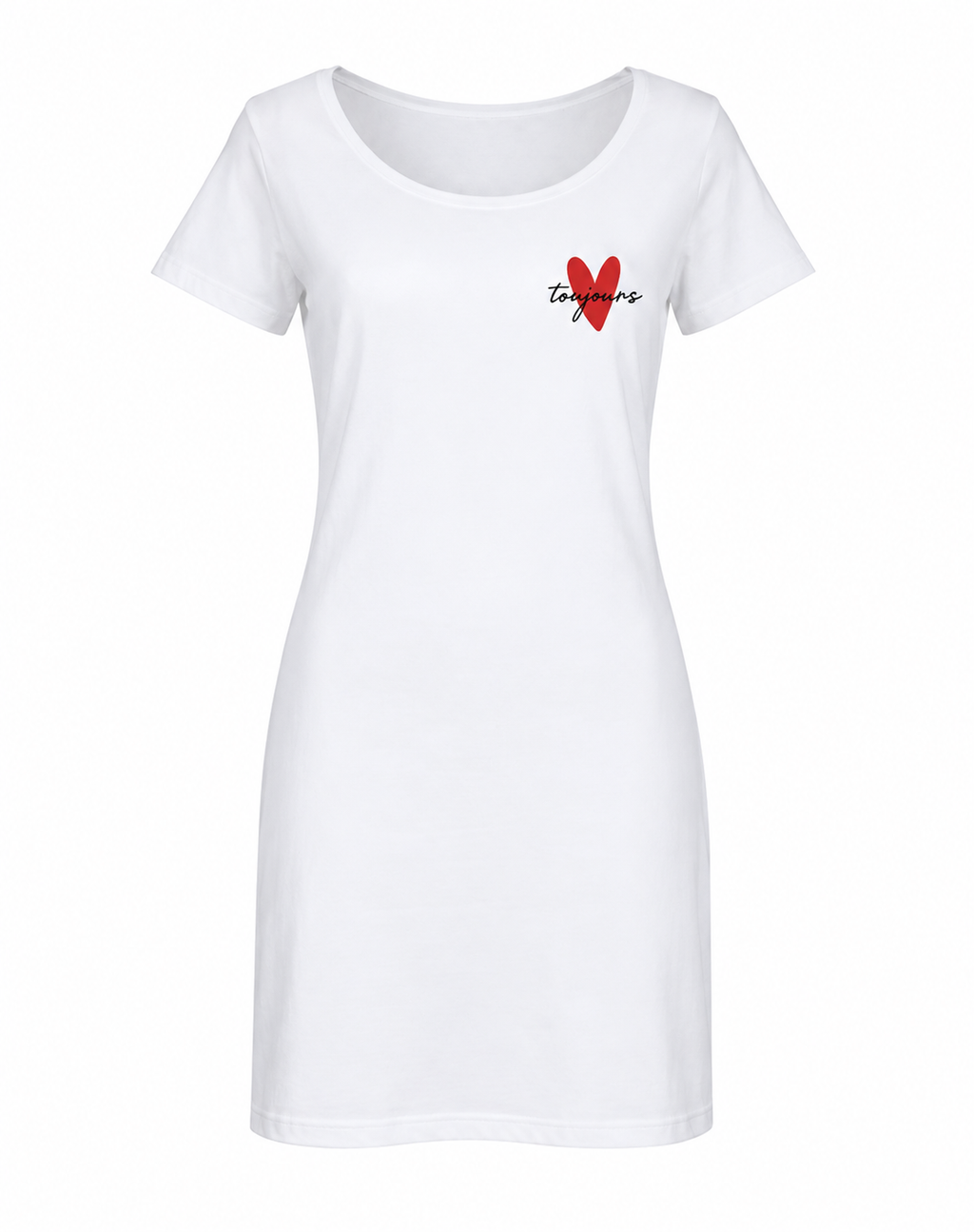 Robe femme Toujours : détail du cœur rouge et du lettrage cursif