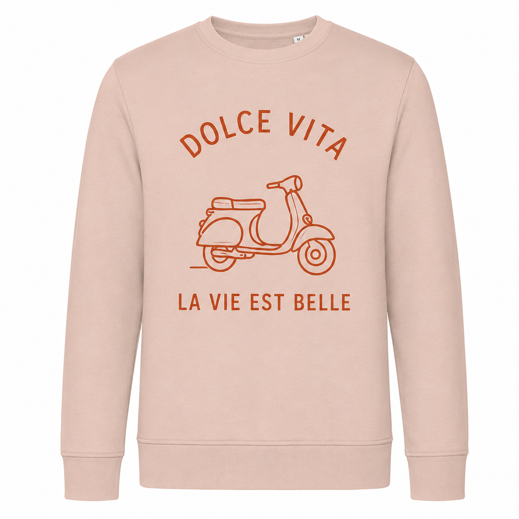 Sweat rose poudré Dolce Vita : détail du slogan Dolce Vita