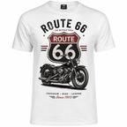 T-shirt homme Moto Route 66 : détail du visuel moto vintage et écusson Route 66