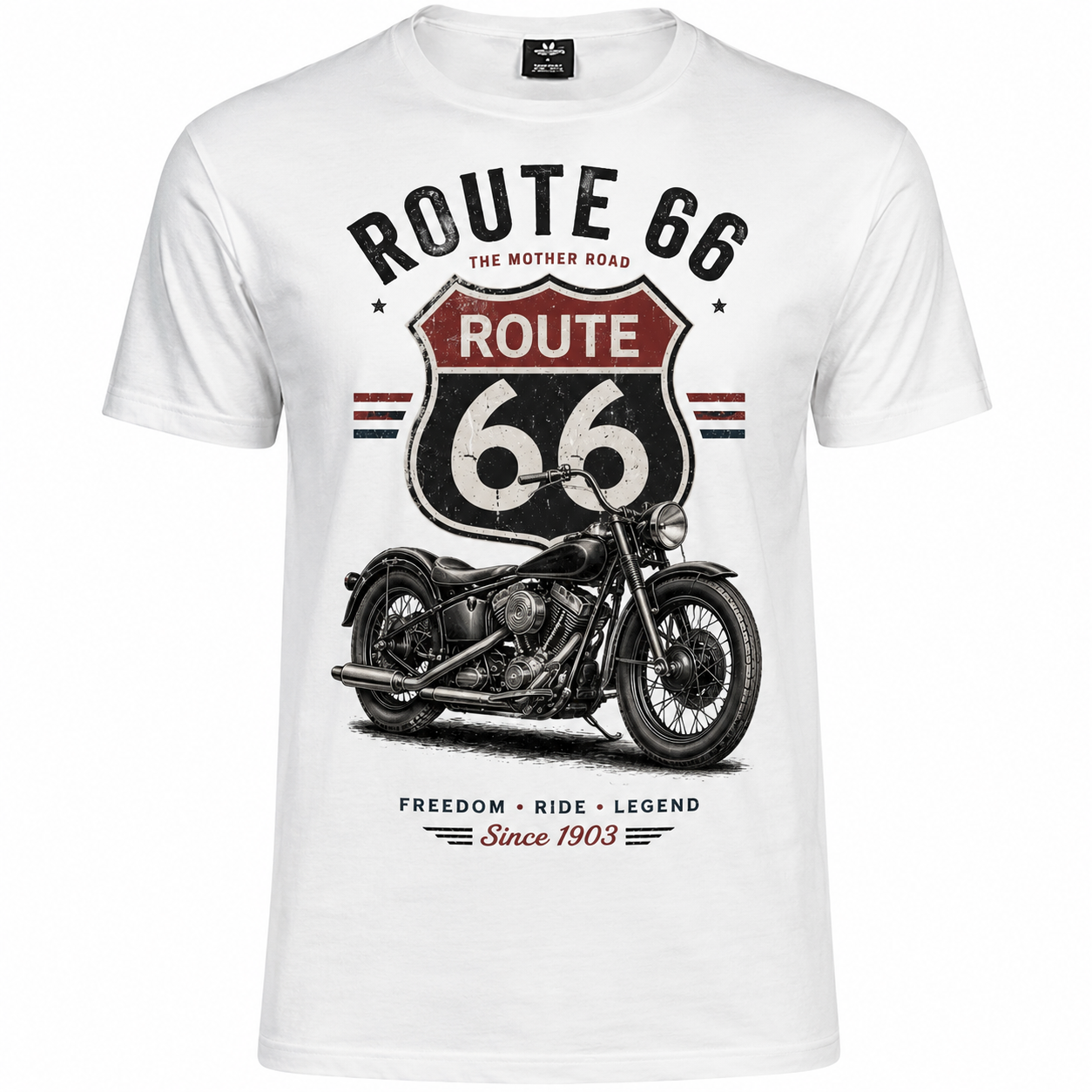 T-shirt homme Moto Route 66 : détail du visuel moto vintage et écusson Route 66
