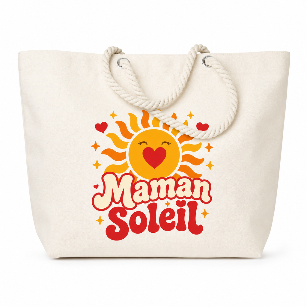 Sac de plage naturel Maman Soleil : vue de face du motif soleil